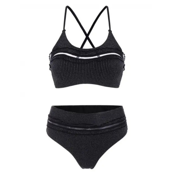 Metallic Bikini |Crisscross Cheeky Black Silver Frilled Padded Sz L - Picture 1 of 4